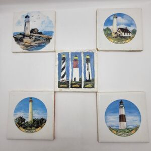 5 Vintage lighthouse decorative 3.75 inch u.s.a. trivet tiles hand painted